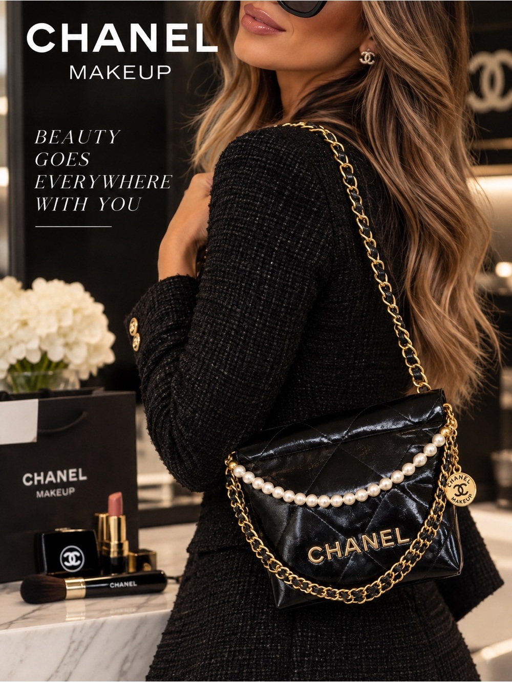 CHANEL MAKEUP Black Quilted Shoulder Bag with Gold and Pearl Chains